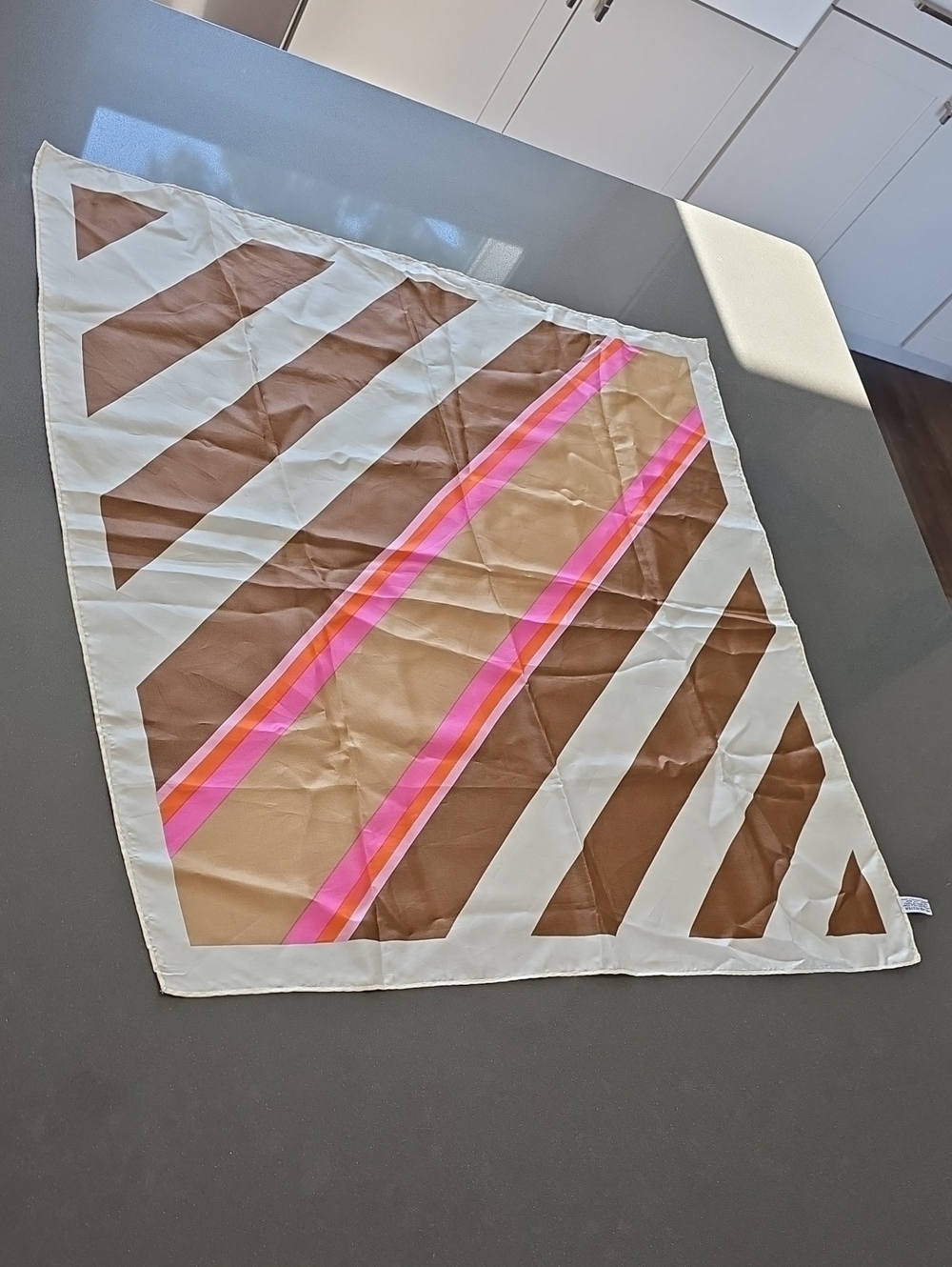 Silk Geometric Stripe Scarf in Brown, Cream & Pink